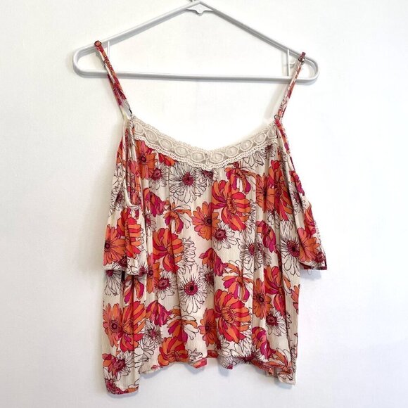 FOREVER 21 Cream Beige Pink Orange Floral Crochet Lace Cold Shoulder Crop Top M - Picture 9 of 11